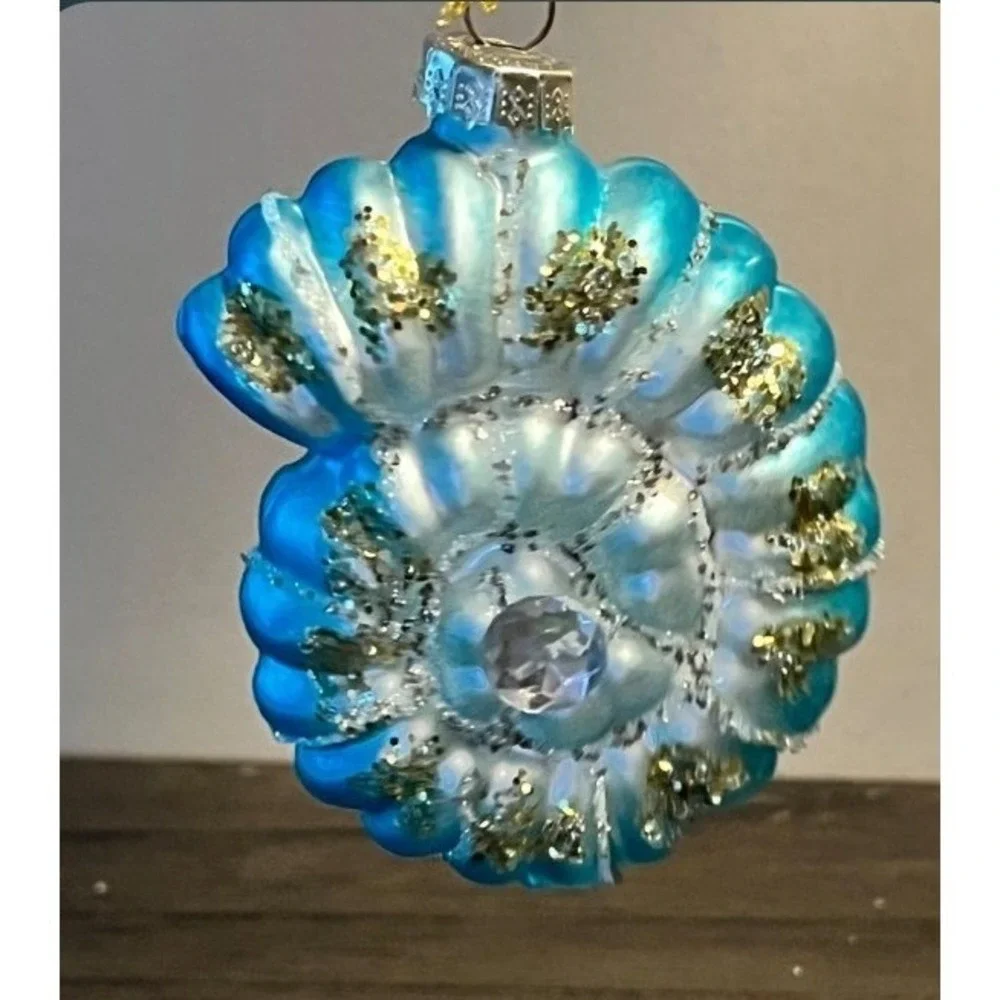 Glass Seashell Christmas Ornament Turquoise Blue Gold Glitter Jeweled 3.5